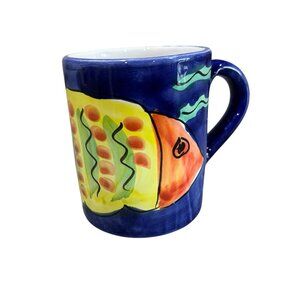 Vintage Coffee Mug Hand Painted Fish Pier 1 Blue Tropical Gift Beachy